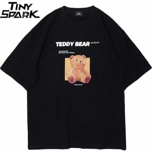 Men Hip Hop Streetwear T-shirt Funny Bear Print T-shirt Harajuku Cotton Short Sleeve 2021 Autumn Fashion Tops Tees Hipster Black