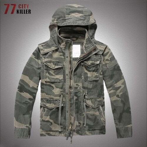 Military Hooded Cargo Jackets Men Removable Hood Cotton Camouflage Multi-pockets Work Jacket Mens Wear-resistant Tactical Coats