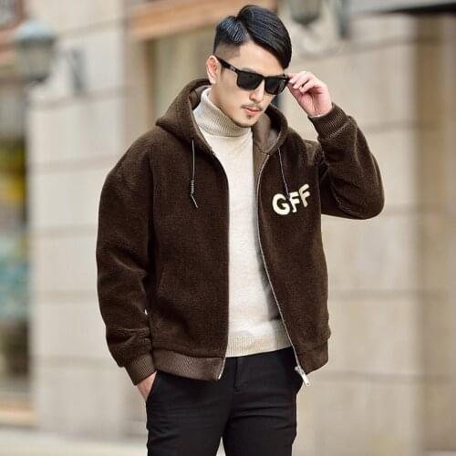 Hooded drawstring embroidered fur mens sheep shearing thick warm Korean version of fur mens winter wool jacket