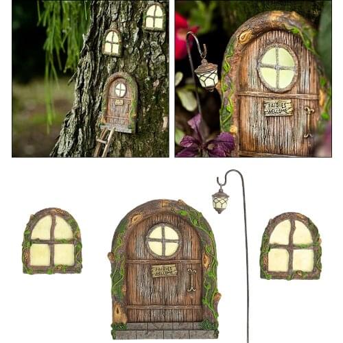 Miniature Fairy Windows Door for Trees Garden Patio Statues Decor Ornament