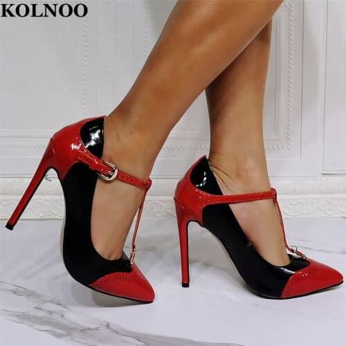 Kolnoo New Womens High Heel Pumps Real Photos T-starp Party Prom Dress Shoes Pointy Patchwork Evening Fashion Club Court Shoes