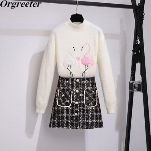 Fall Winter New Soft Mink Velvet Half Turtleneck Swan Embroidery Bottoming Sweater Black Tweed Plaid Skirt Two piece Sets Women