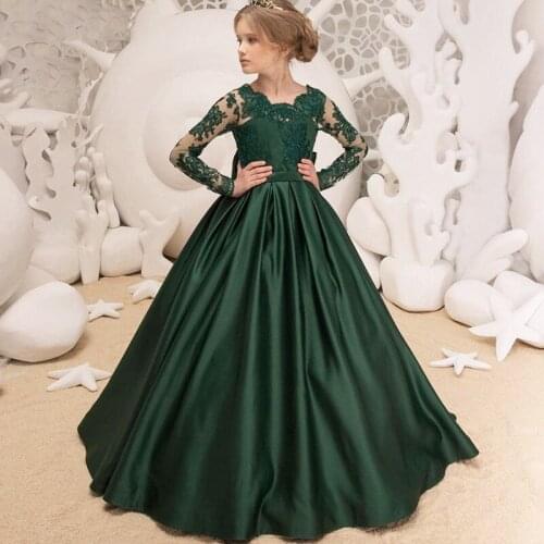 Green Flower Girl Dresses Wedding Party Backless Lace Top Applique Kid Birthday Dress First Communion Gown Flower Girl Dresses