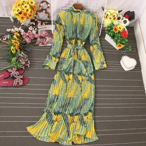 2021 Autumn New Dress Temperament Turtleneck Waist Slim Long Sleeves Lace Up Wild Floral Maxi Vestidos UK016