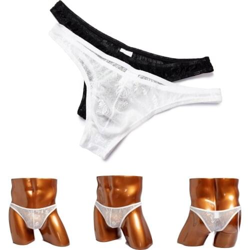 SAYFUT Men Briefs G-string Thong Sexy Underwear Ultra-thin Breathable Lace Underpants Spandex Seamless Low Rise Underwear White
