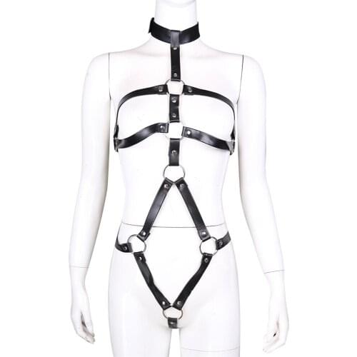 Sexy Leather Bondage harness Porno lingerie bodysuit women open bra body crotchless lingerie fetish Adult pornos exotic apparel