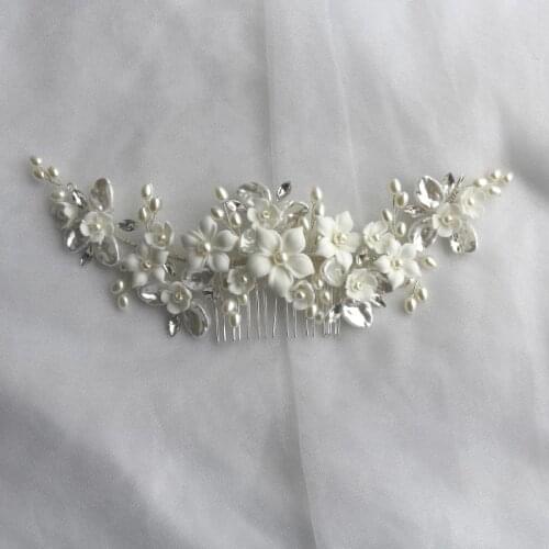 Silver Color Pearls Jewelry Wedding Hair Comb Ceramic Flower Bridal Headpiece Handmade Women Prom Accessories