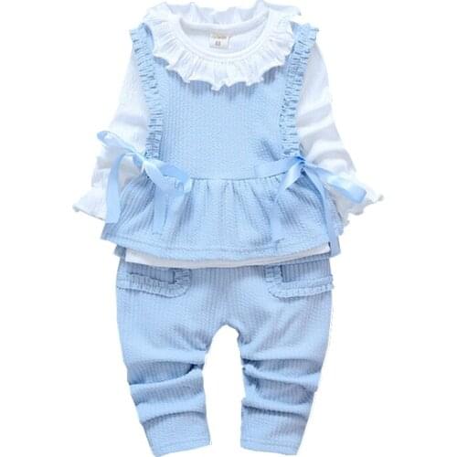 Spring Autumn Clothes Baby Girl Cotton Ribbon Vest Lotus Leaf Collar T-shirt Pants 3Pcs/Sets Fashion Children Kids Clothing Suit