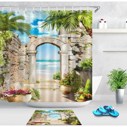 Ancient Arch with View on the Sea Shower Curtain Set Green Coconut Tree Leaf Waterproof Bathroom Fabric For Art Bathtub Decor