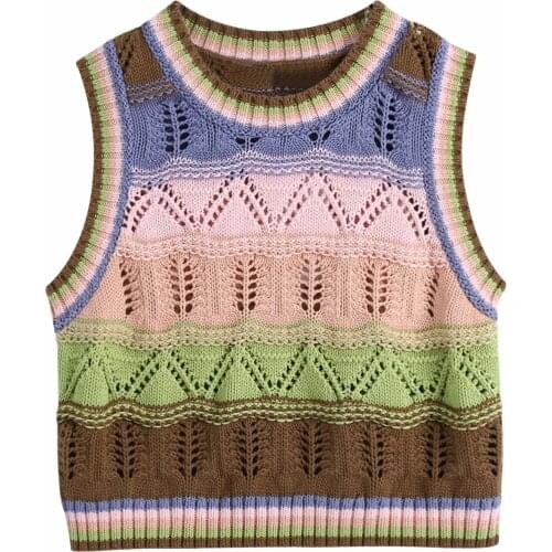 ZA Women Fashion Color Stripe Hollow Stitching Knitted Vest Sweater O-neck Vintage Sleeveless Female Waistcoat Chic Tops
