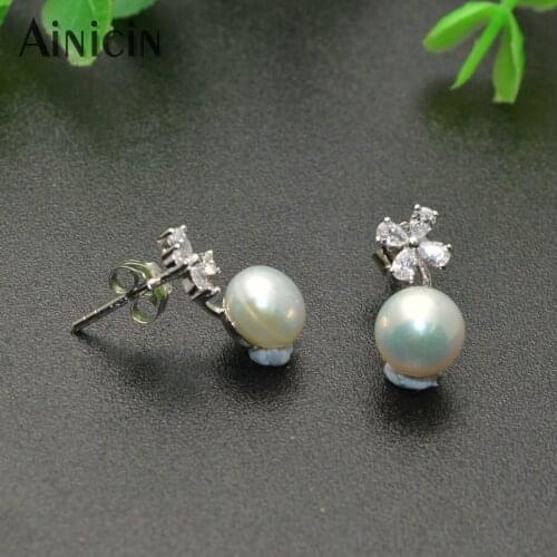 S925 Sterling Silver Glittery CZ Stone Stud Earrings 8mm Natural Freshwater Pearl Flower Earring Fashion Women Gift Jewelry