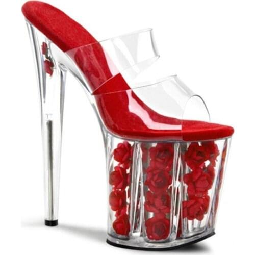 20CM High Heels Women Slipper Stilettos Thick Platform Flower Filling Sexy Summer Party Slippers Transparent Wedding Dress Shoes