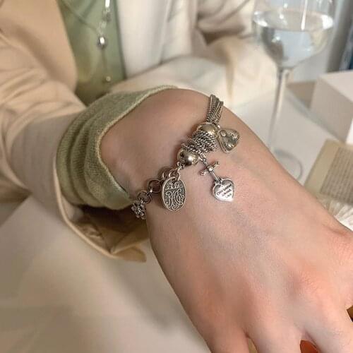 925 Sterling Silver Cross Heart Tassel Bracelet &Bangle For Women Girls Party Punk Vinatge Jewelry SL018