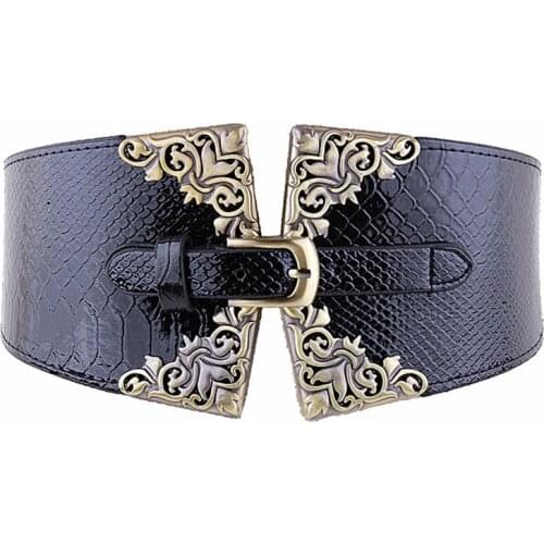 Lady Women Elastic Waistband Wide Waist Belt Retro Metal Buckle Faux Leather Red Brown