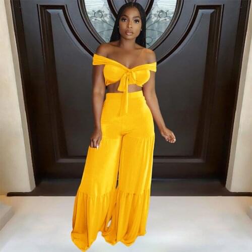 Korean Style Solid Color 2 Piece Suit for Women Bow Tie Front Backless Spaghetti Strap Crop Top and High Waist Long Loose Pants