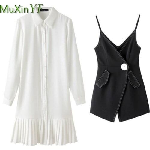 2021 New Office Lady Spring Autumn New 2 Pcs Clothing Set Women Graceful Polo Collar Full Sleeve Pleated Shirt Dress+ Vest Sets