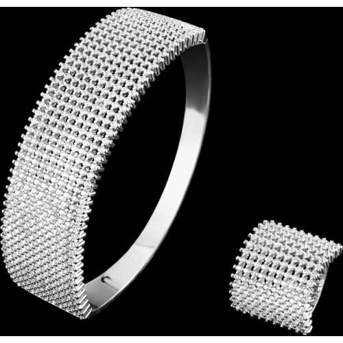 Zlxgirl 2pcs Sale women zirconia copper wedding bangle & ring jewelry sets mirco paved bangle with ring bridal bracelet sets