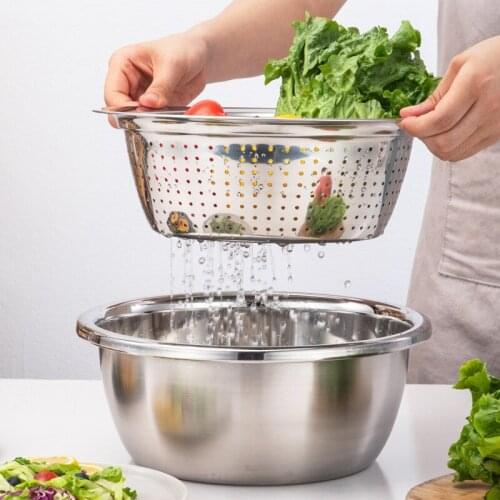 2 IN 1 Multifunctional Stainless Steel Drain Basket,Drain basket, Rice Basket,Kitchen and Household Vegetable Salad Bowl