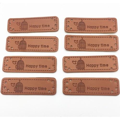 20pcs 50x15mm PU Leather "Happy time" With Birdcage Garment Labels Embossed Rectangle Tags DIY Embellishment Sewing Patch