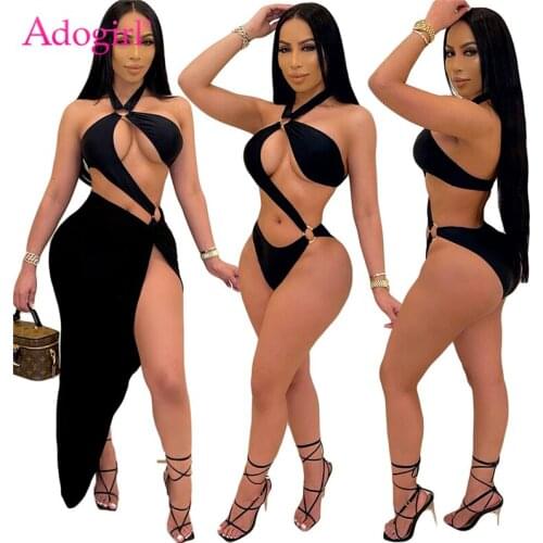 Adogirl Women Solid Black Swimwear Two Piece Set Hollow Out Halter Backless Bodysuit Maxi Skirt Summer Beach Dress Club Suit