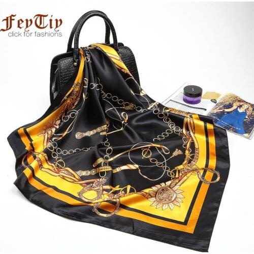 Large Hijab Scarves For Women Fashion Print Silk Satin Scarf Female 90cmx90cm Luxury Brand Square Shawls Head Scarfs For Ladies