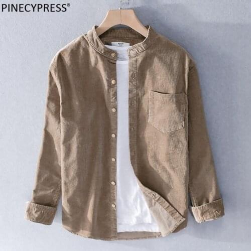 Cotton Man Casual Shirt Quality Spring Autumn Male Pocket Khaki Thick Stand Collar Fashion Vintage Full Long Sleeve Men Shirts