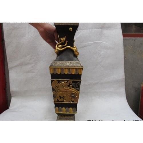 Chinese Pure Bronze Copper 24K Gold Silver-Gilt Foo Dog Lion Beast Face Vase Pot