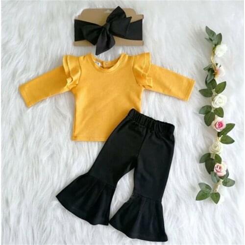 3PCS Newborn Baby Girls Clothes Sets Ruffles Solid Long Sleeve T Shirt Tops Flared Pants Trousers Headband Outfits 0-24M Clothes