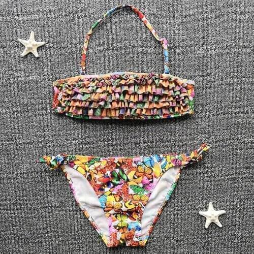 5-12 Years Girl Swimsuit Kids Two Piece Children Swimwear Butterfly Print Big Girl Bikini Set Ruffle Girl Bathing Suit Swim Wear