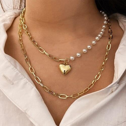 Fashion New Double Layer Love Heart Necklace Pendant Women Creative Pearl Exquisite Thick Chain Chokers Necklaces Jewelry