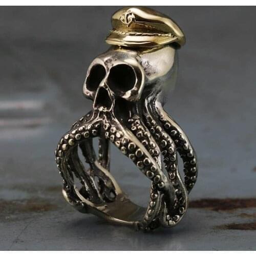 Mens 316L Stainless Steel Octopus Squid Tentacle Skull Captain Rings Navy Military Fashion Punk Biker Jewelry