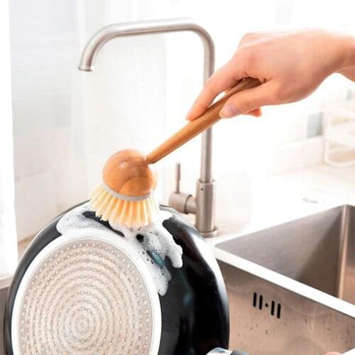 Natural Wooden Long Handle Pan Pot Brush Dish Bowl Washing Cleaning Brush Household Kitchen Cleaning Tools