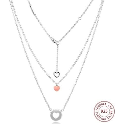 Authentic 925 Sterling Silver Necklace Layered Heart Pendant Necklaces for Women Luxury Fashion Jewelry accesorios mujer