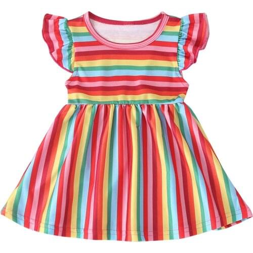 2021 Kawaii Bimba Dress Toddler Kids Baby Girls Striped Rainbow Print Fly Sleeve Princess Dress Party Dress Платье Robe