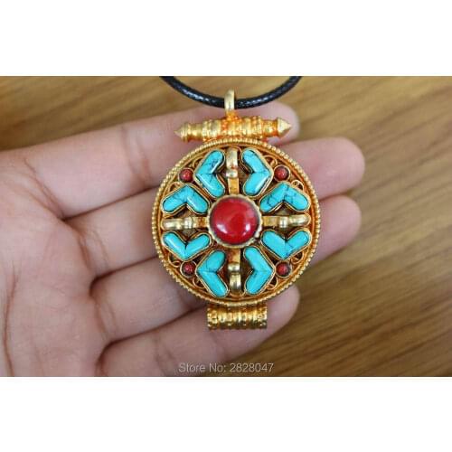 PN141 Ethnic Tibetan Buddhism Prayer Box Gau Pendant Handmade Nepalese Copper Golden Stone 37mm Round Prayer Amulet