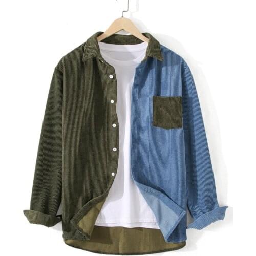 2021 Mens Corduroy Shirts Colorblock Patchwork Casual Shirt Chest Pocket Long Sleeve Shirts Korean Fashion Men Corduroy Jackets