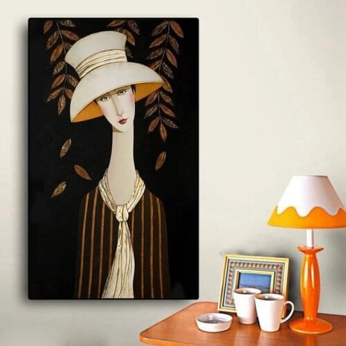 Modern Women and Gold Leaf on BlackBackground Canvas Painting Posters and Printing Scandinavian Wall Art Picture for Living Room