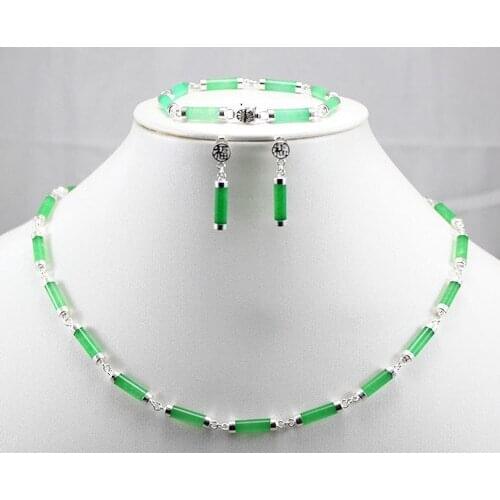 Dark Green Jadejade 925 Sterling Silver Earring Bracelet Necklace Set 43CM