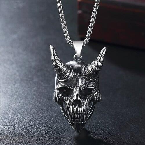 Vintage Demon Satan Skull Necklace Pendant Mens Punk Street Hip Hop Style Stainless Steel Cross Biker Pendant Gothic Accessories