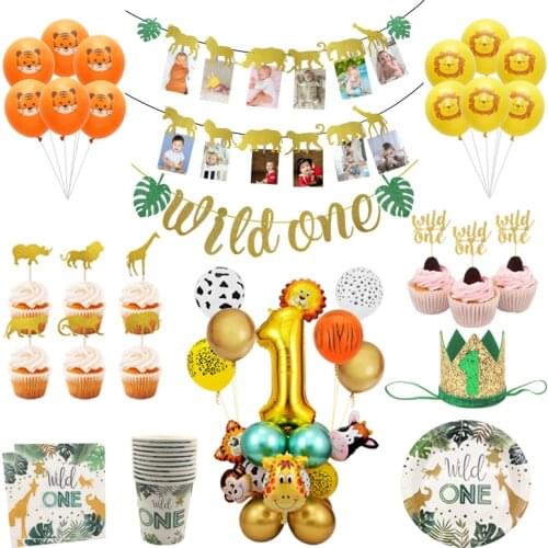 1st Birthday Party Decor Jungle Animal Safari Wild One Balloons Photo Banner Paper Plates Kids 1 Year Old Anniversary Supplies