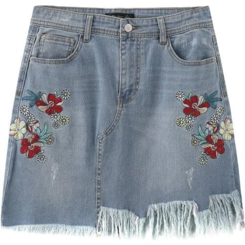 Embroidery Floral Denim Summer Skirt A Line Vintage Tassel Jeans Skirts Women Zipper Up Middle Waist Retro Skirt Female Bottoms