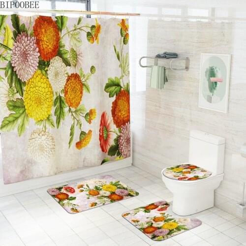 Beautiful Flowers Modern Shower Curtain Chrysanthemum Bathroom Curtains Set Flannel Toilet Lid Cover Non-slip Rugs Bath Mat Sets