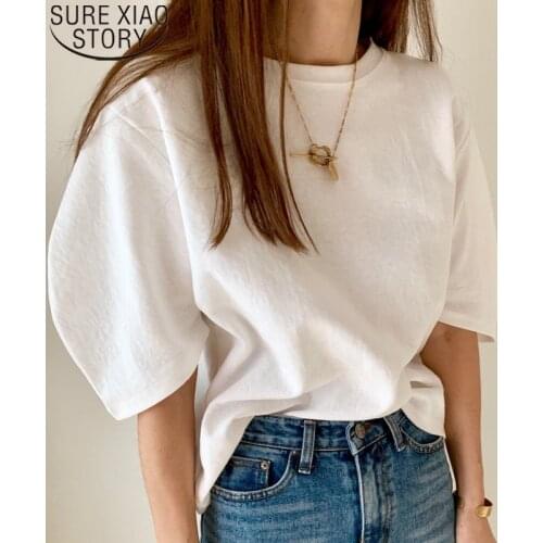Korean Womens Summer T-shirt Casual Solid 4 Colors Puff Half Sleeve Loose Shirts Women 2021 O-neck Tee Shirt Clothes Tops 10199