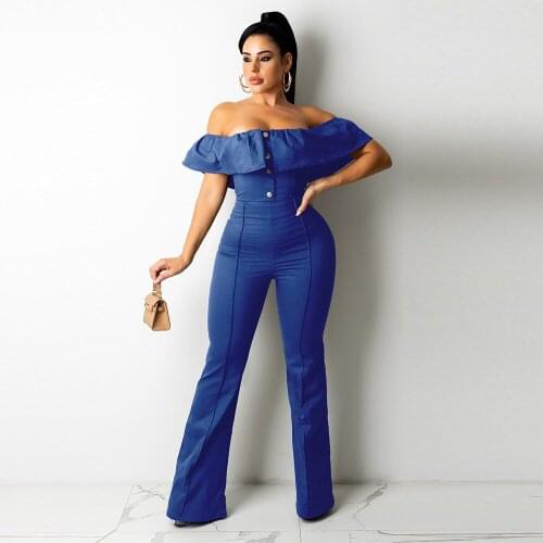 Women Jumpsuit Early Autumn Slash Neck Ruffles Spliced Bell Bottom Romper Elegant Off Shoulder Buttons Up Striped Flare Outfit