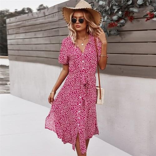 2021 Spring New Bandage Dress Women Casual Short Sleeve Button Floral Print Dress For Woman Summer Holiday Style Dress