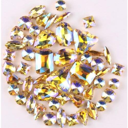 Gold claw setting 50pcs/bag 11 shapes mix Jonquil AB glass crystal sew on rhinestone Crystals wedding dress shoes bags diy