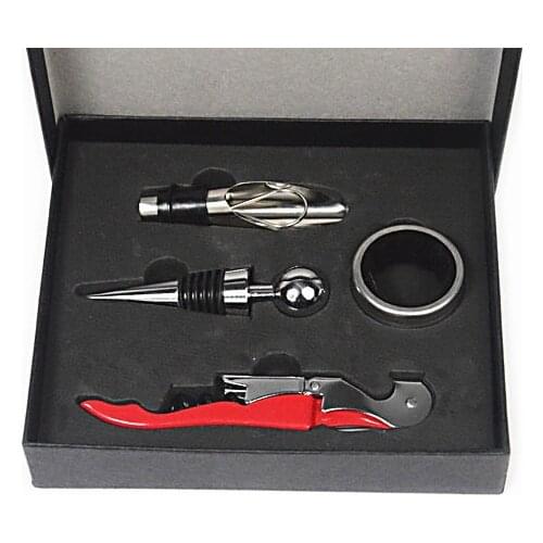 1set 4 in 1 red wine bottle opener Corkscrew Wine Bottle Opener + Stopper + Ring + Pourer Set with gift box random Color LJ 014