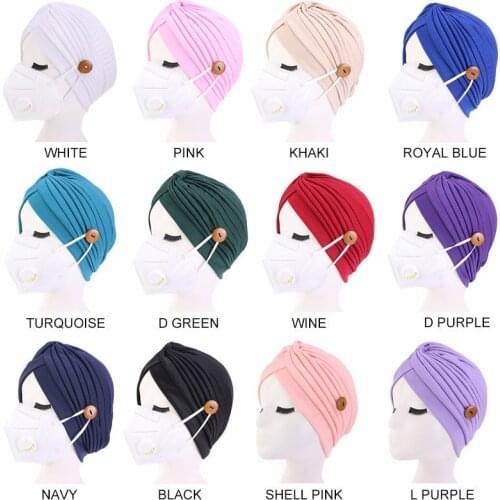 2020 Hearwear Soft Cotton Hair Caps Hat Button Wearing Mask Ear Protection Hat Turban Women Polyester + Wooden Buckle