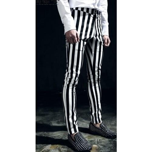 27-44 ! 2019 black and white vertical stripe skinny trousers mens clothing slim casual pants plus size spring stage costumes
