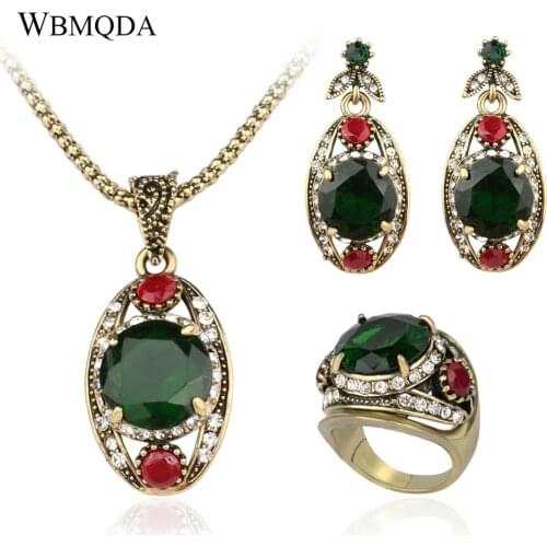 3Pcs/lot Vintage Turkish Jewelry Sets Eye Shape Gold Crystal Green Stone Ring Necklace Earrings For Women Trending Products 2018
